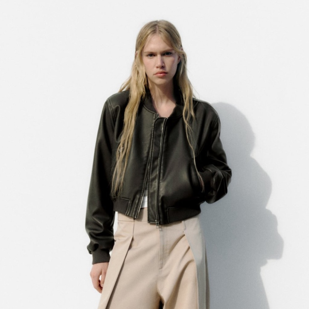 Zara Brown Leather Bomber Jacket Zip Up